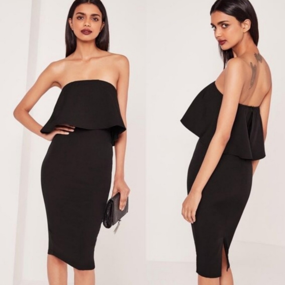 Missguided Black Bandeau Frill Detail Midi Dress